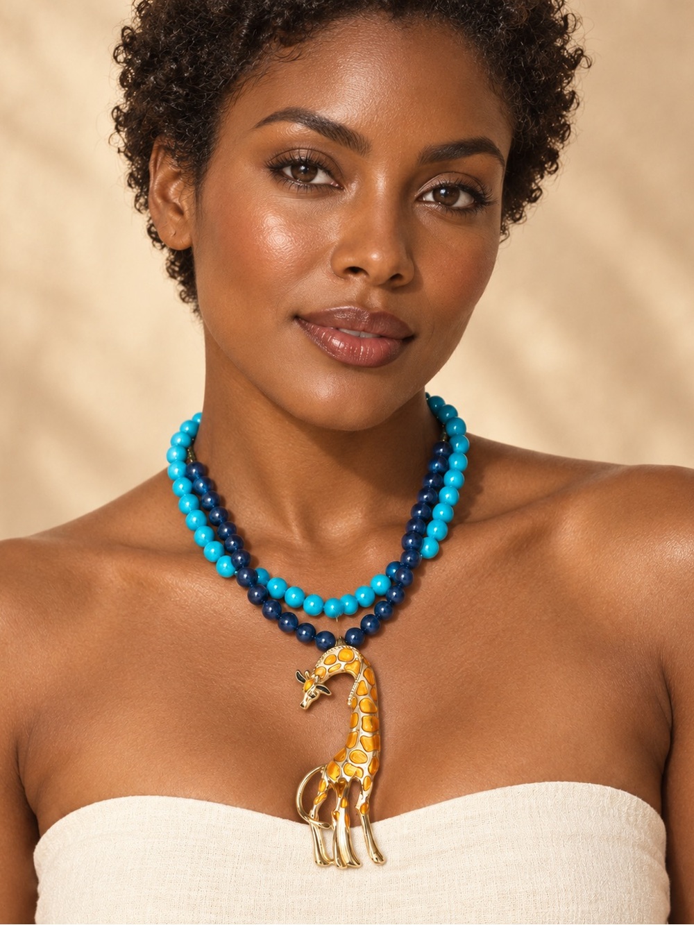Turquoise & Navy Beaded Necklace with Gold Giraffe Pendant
